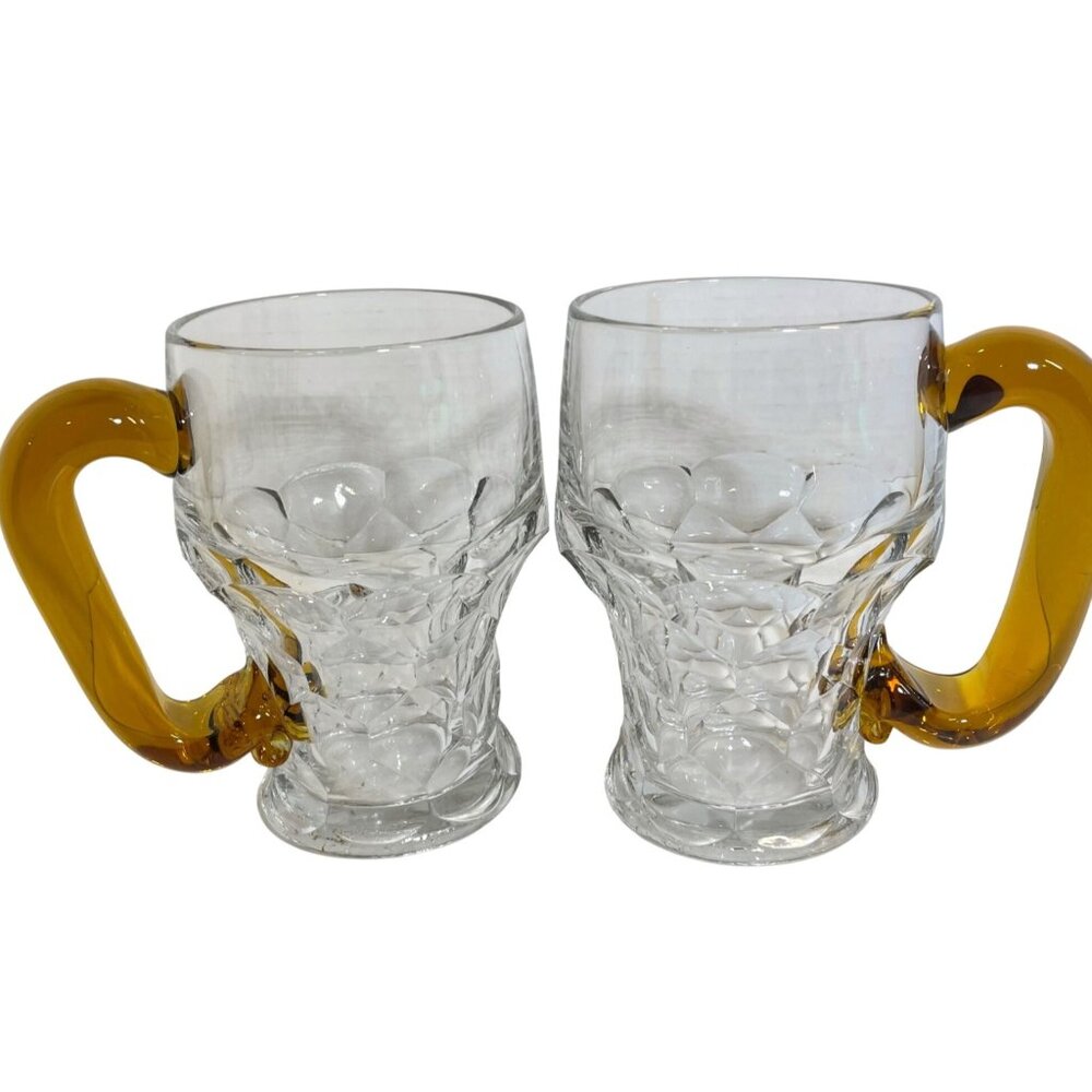 Set Of 2 Vintage Clear Glass Beer Mugs With Amber Handles
